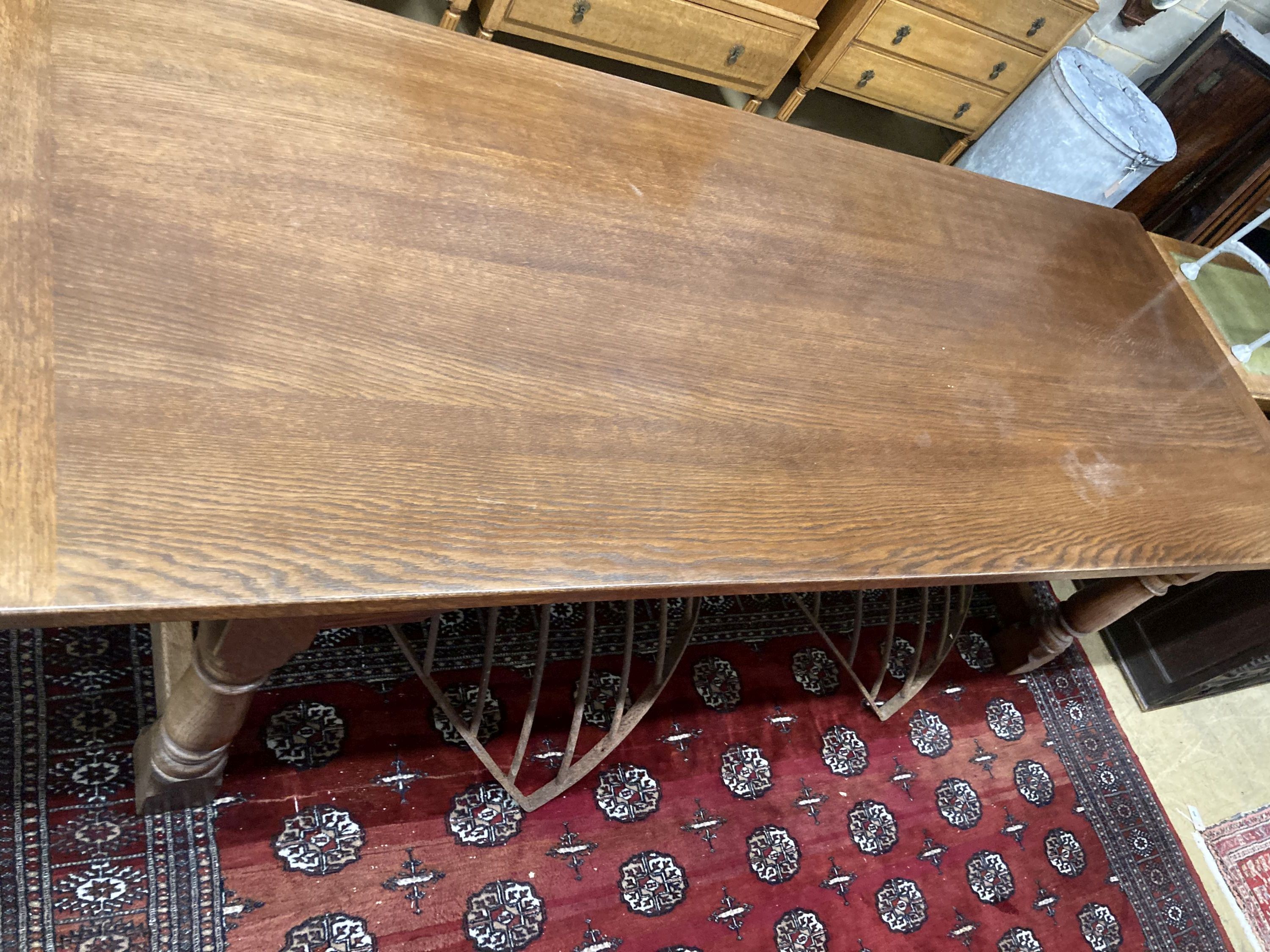 An 18th century style oak rectangular refectory dining table, length 277cm, width 109cm, height 76cm